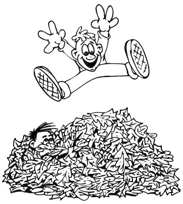 Online coloring book: Coloring book boy jumps in autumn leaves